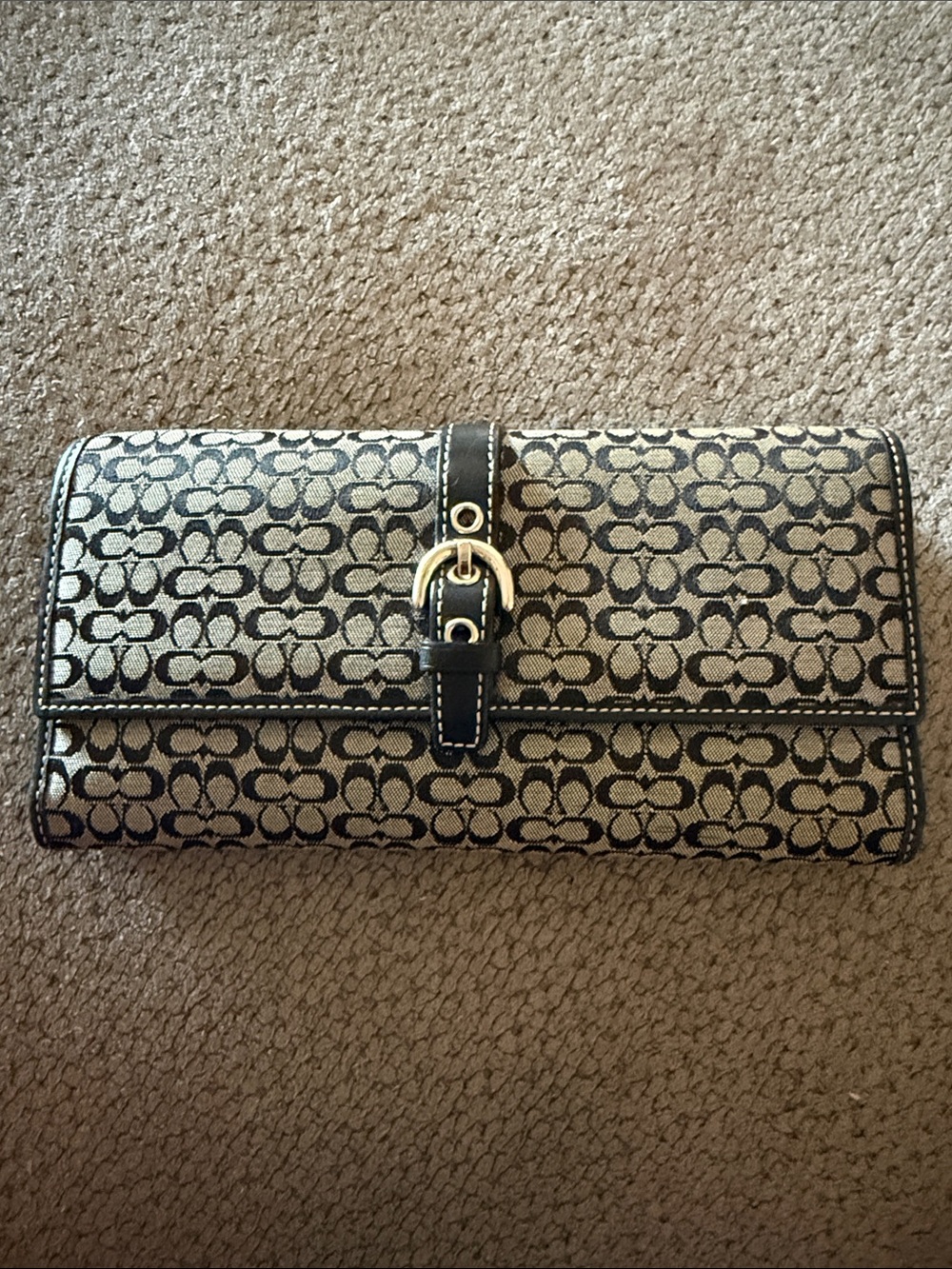 Vintage Coach Wallet Black Signature C Buckle Trifold Jacquard w/Checkbook Cover
